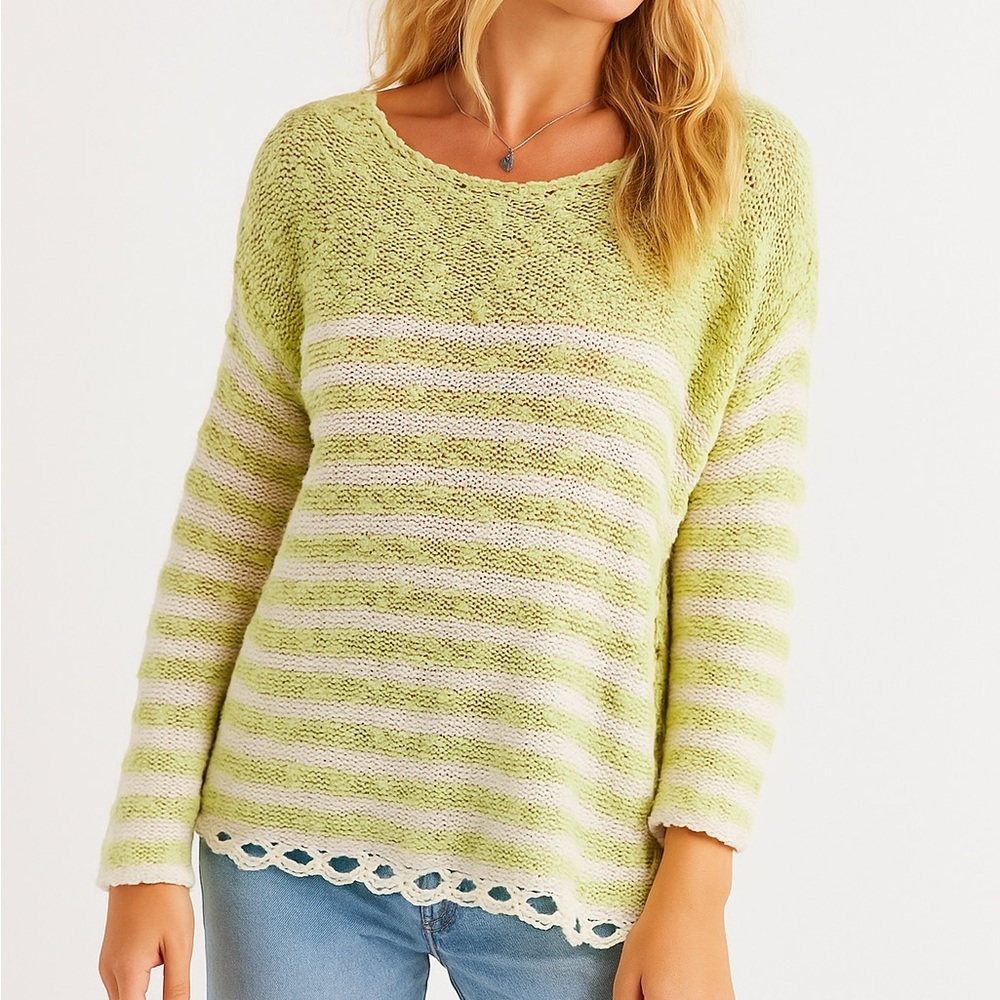 Free People Green & White Stripe Loose Textured Sweater